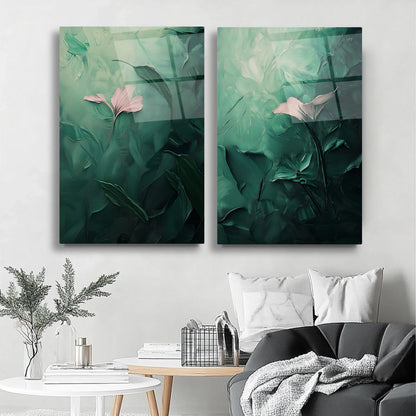 Soyut Yeşil İkili Set Cam Tablo