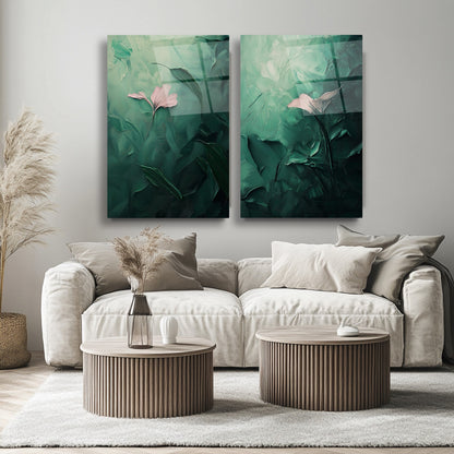 Soyut Yeşil İkili Set Cam Tablo