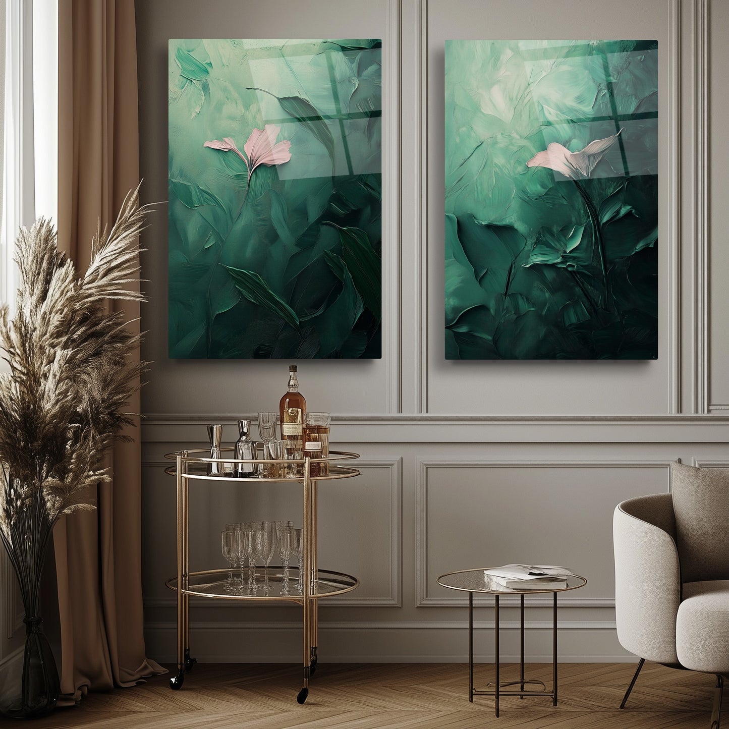 Soyut Yeşil İkili Set Cam Tablo