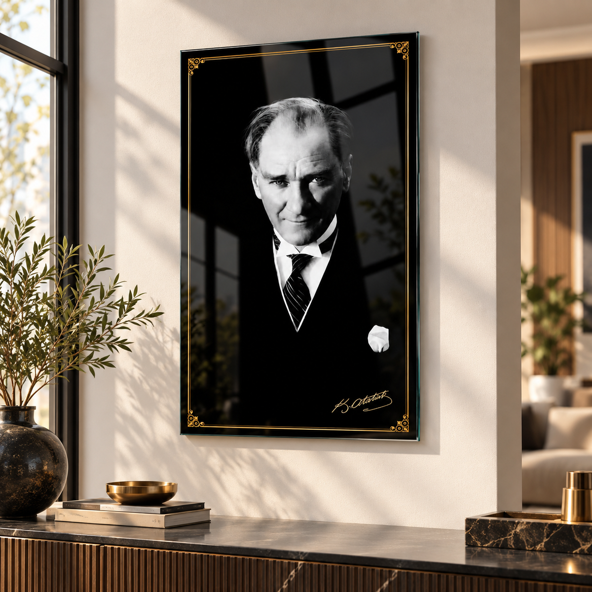 Gold çerçeve detaylı Atatürk cam tablo premium modern mekan duvar dekorasyonu
