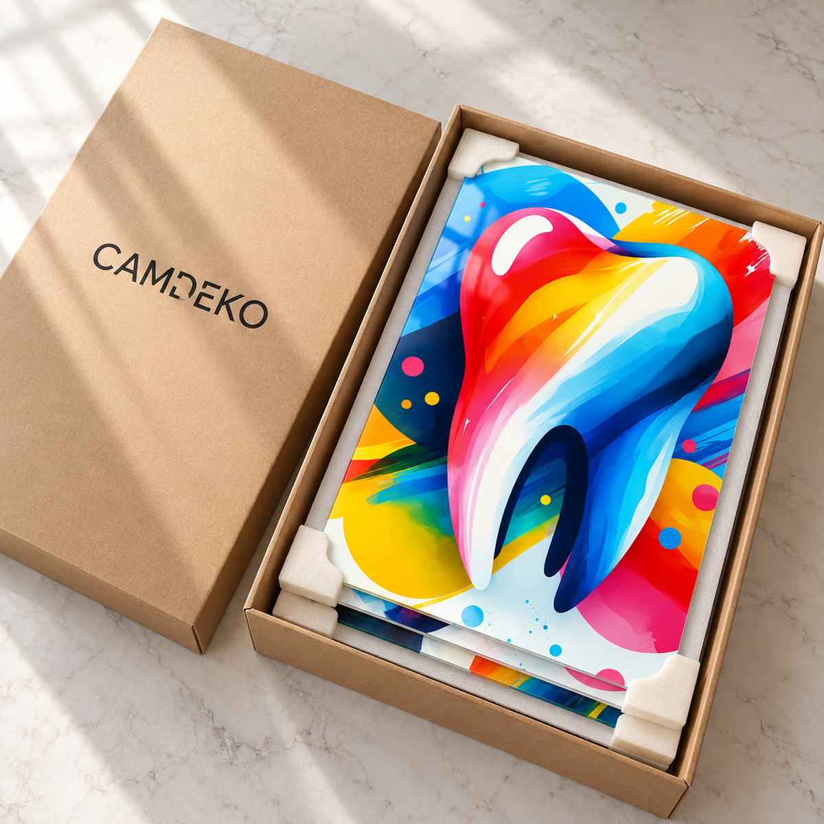 Renkli Soyut Diş Tasarımları Üçlü Cam Tablo – CAMDEKO koruyucu paketleme