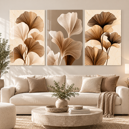 Bronz Krem Ginkgo Yaprakları Üçlü Cam Tablo - 2