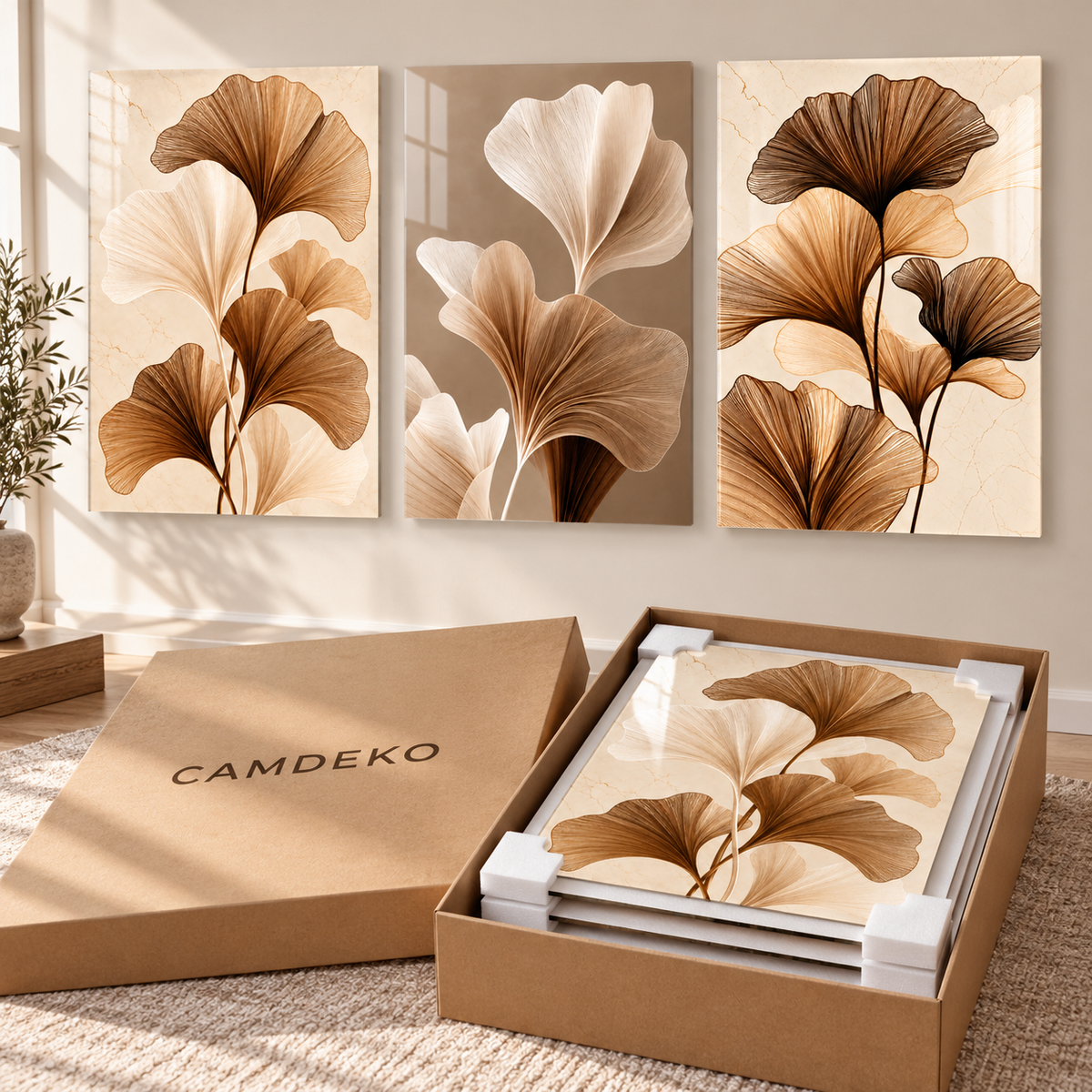 Bronz Krem Ginkgo Yaprakları Üçlü Cam Tablo - 8