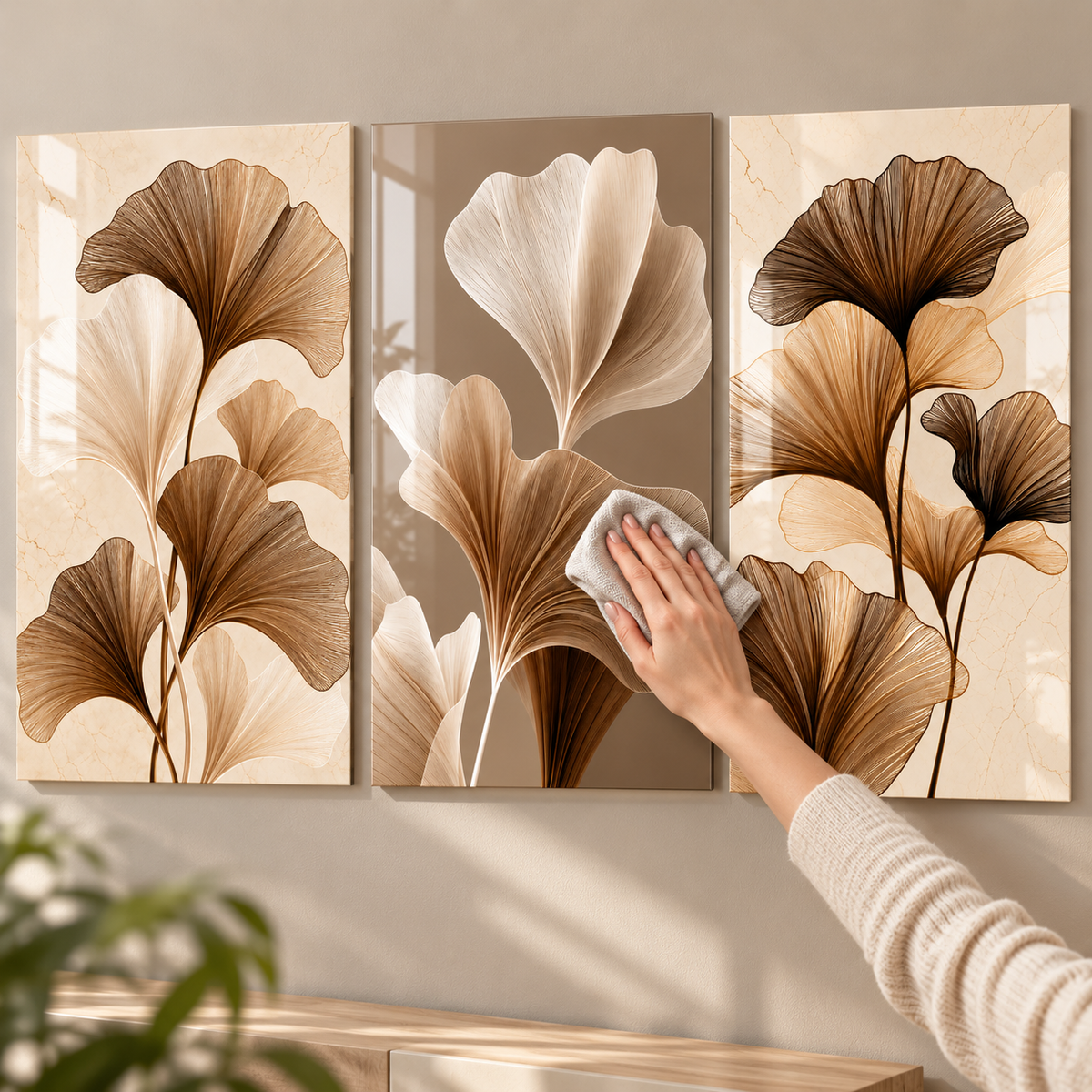 Bronz Krem Ginkgo Yaprakları Üçlü Cam Tablo - 9