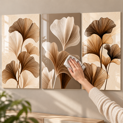 Bronz Krem Ginkgo Yaprakları Üçlü Cam Tablo - 9