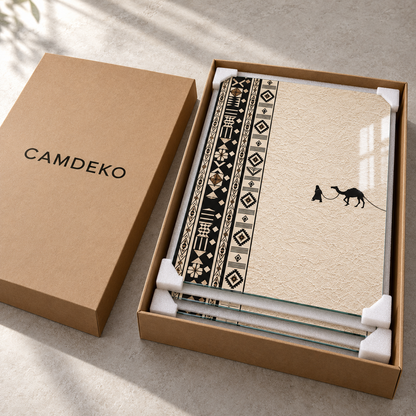CAMDEKO kutusunda koruyucu köpüklerle paketlenmiş kervan cam tablo seti