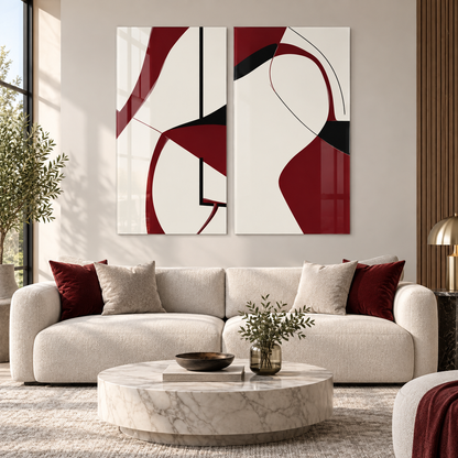 Bordo Siyah Minimal Soyut Dikey 2'li Set Cam Tablo - salon