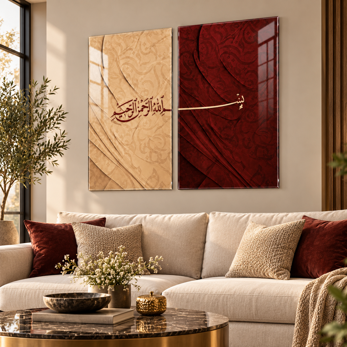 Bej Bordo Bismillah İslami Hat Dikey 2'li Set Cam Tablo - premium salon