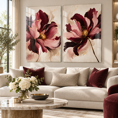 Bordo Pudra Gold Çiçekler Dikey 2'li Set Cam Tablo - premium salon