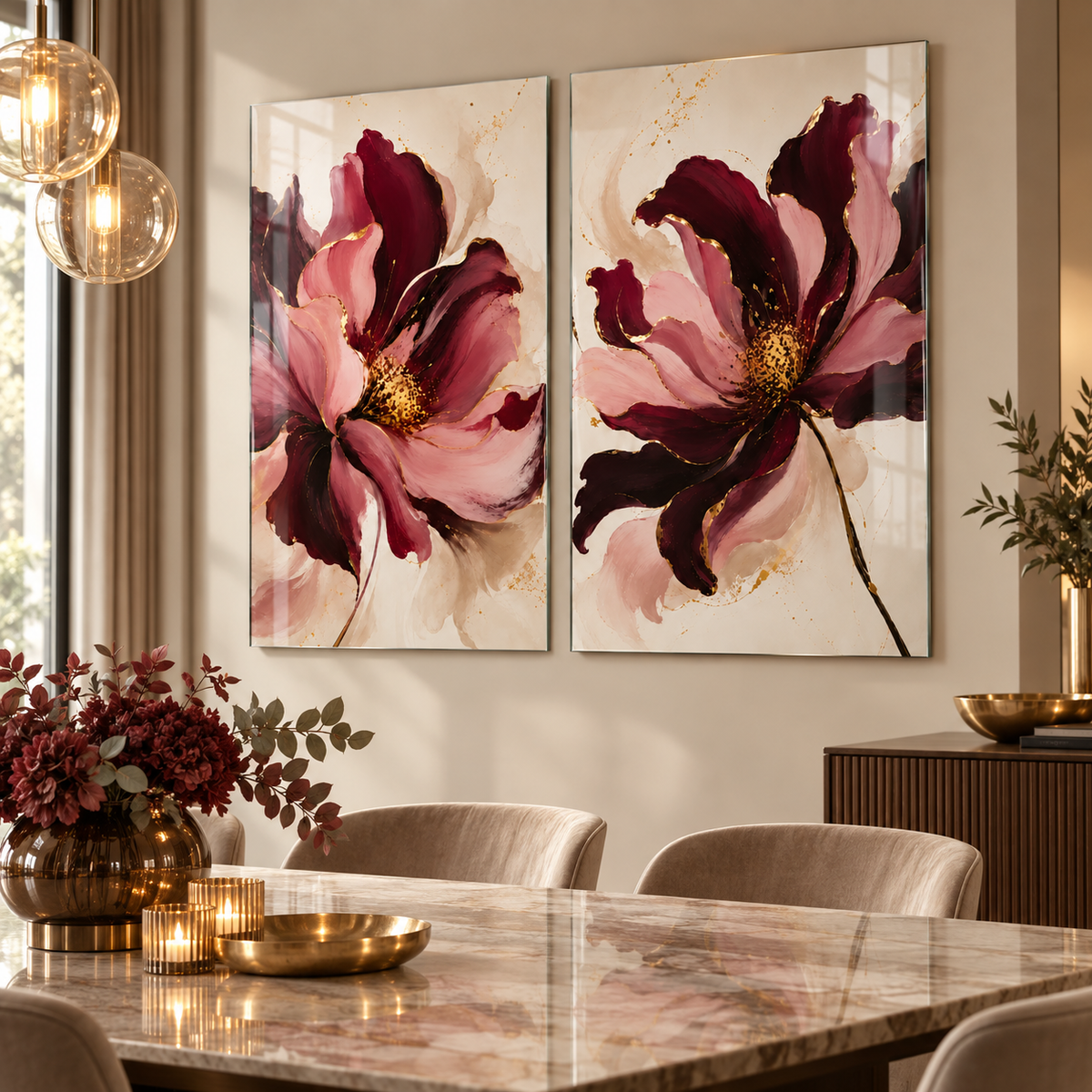 Bordo Pudra Gold Çiçekler Dikey 2'li Set Cam Tablo - premium yemek alanı