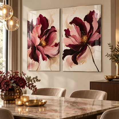 Bordo Pudra Gold Çiçekler Dikey 2'li Set Cam Tablo - premium yemek alanı