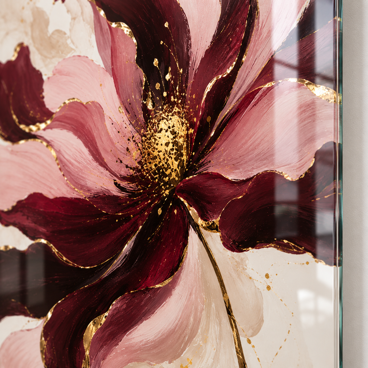 CAMDEKO UV baskı bordo pudra gold çiçek desen detayı
