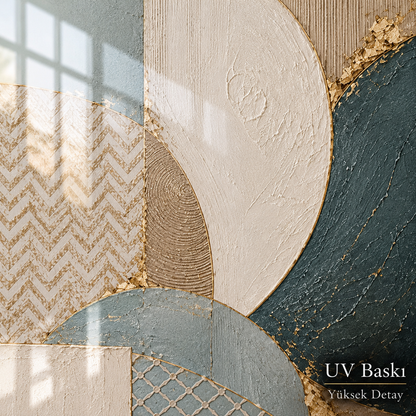 Petrol Yeşili Bej Gold Geometrik İkili Cam Tablo - UV baskı