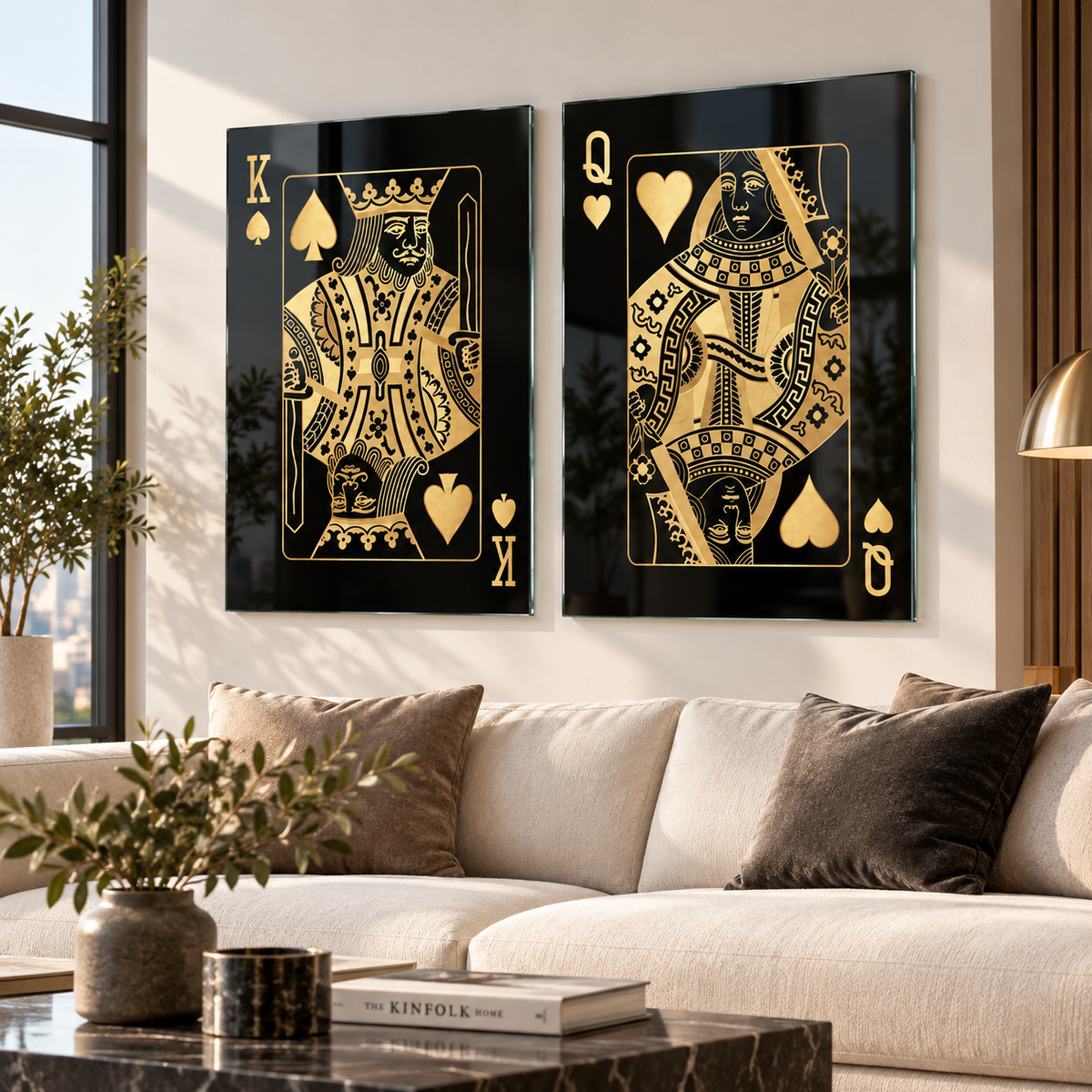 Siyah Gold Kral Kraliçe Oyun Kartı Dikey 2'li Set Cam Tablo - premium salon