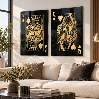 Siyah Gold Kral Kraliçe Oyun Kartı Dikey 2'li Set Cam Tablo - premium salon