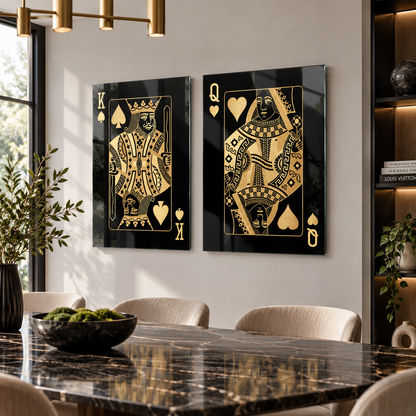 Siyah Gold Kral Kraliçe Oyun Kartı Dikey 2'li Set Cam Tablo - premium yemek alanı