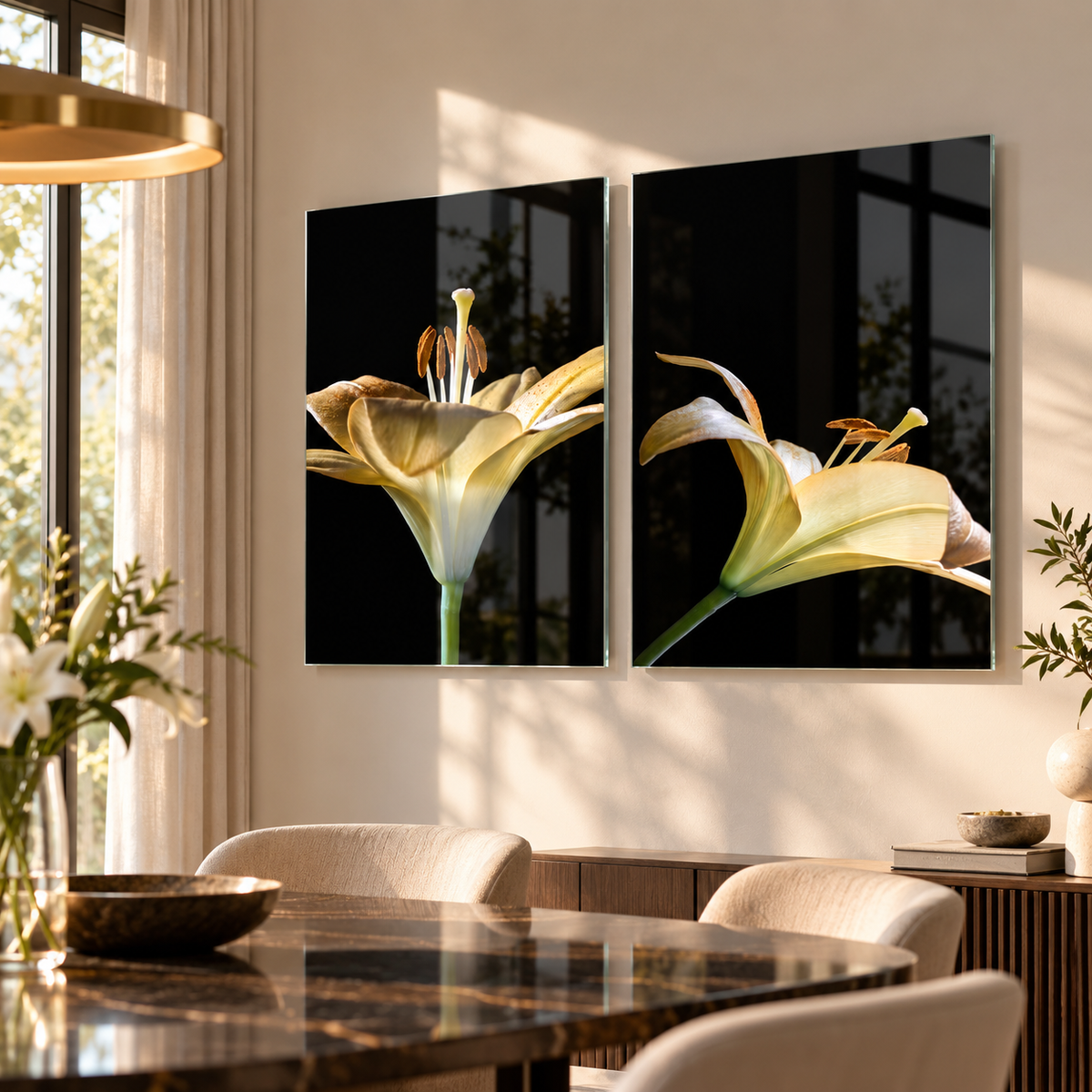 Siyah Gold Lilyum Çiçekleri Dikey 2'li Set Cam Tablo - premium yemek alanı