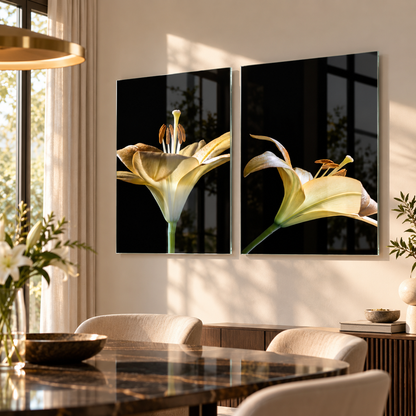 Siyah Gold Lilyum Çiçekleri Dikey 2'li Set Cam Tablo - premium yemek alanı