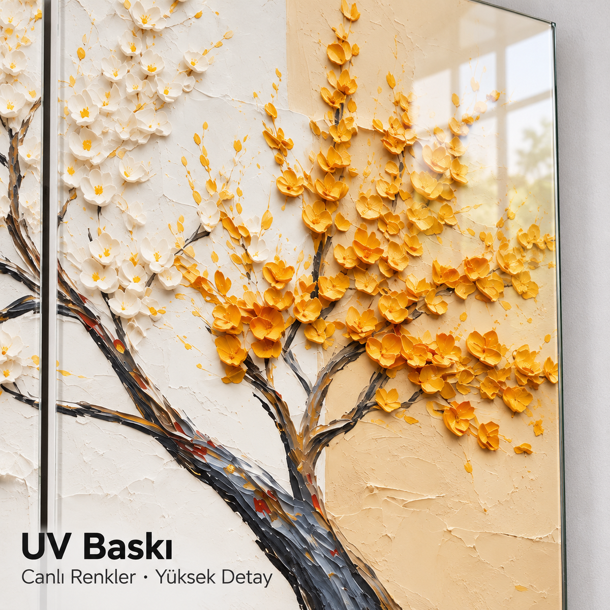 Mavi Krem Beyaz Sarı Çiçekli İkili Cam Tablo - UV baskı