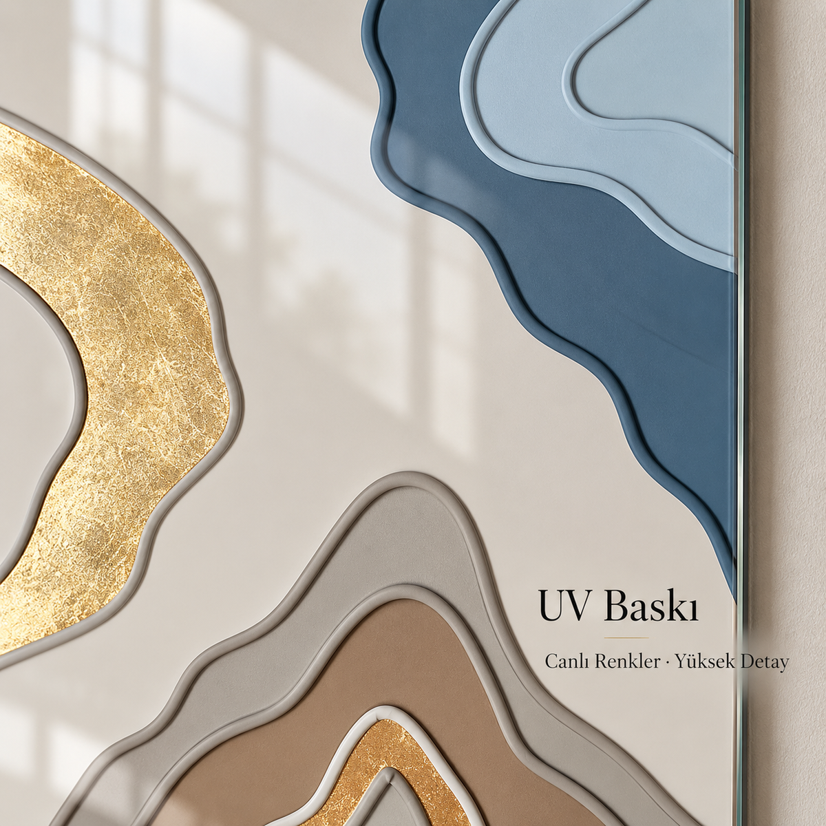 Mavi Bej Gold Soyut Dikey İkili Cam Tablo - UV baskı