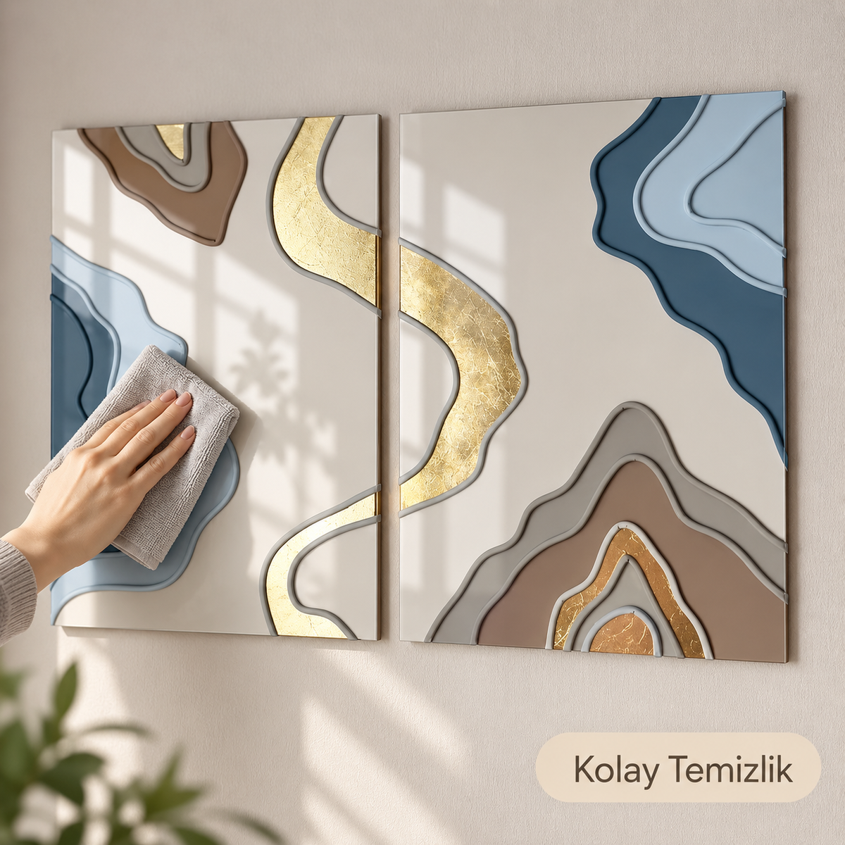 Mavi Bej Gold Soyut Dikey İkili Cam Tablo - Kolay temizlik