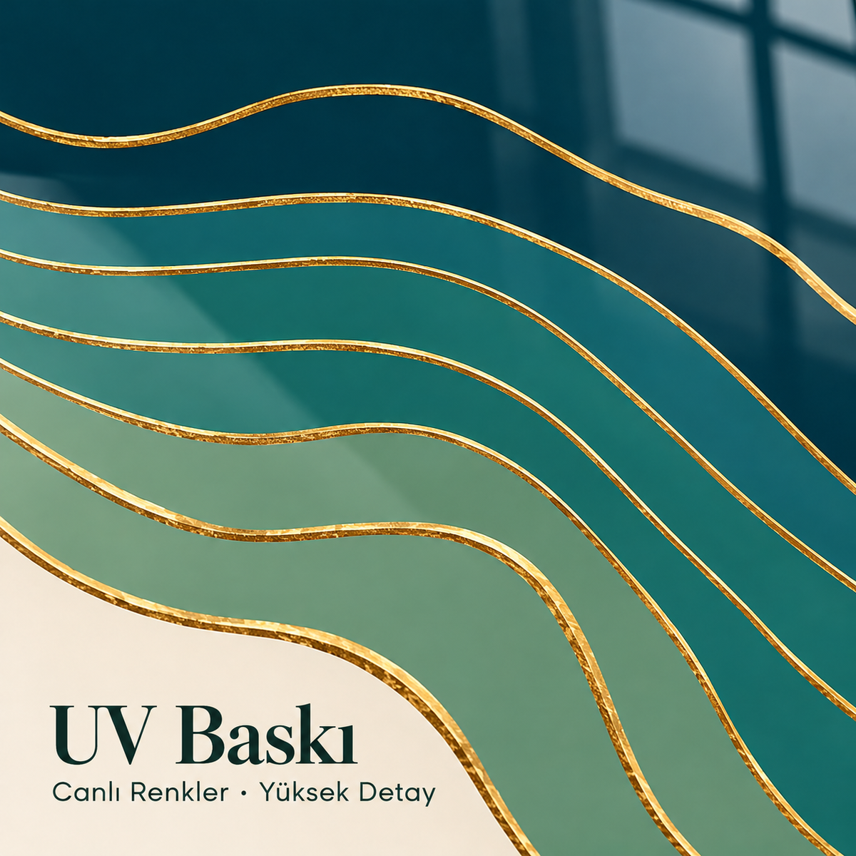 Petrol Yeşili Bej Altın Dalgalı İkili Cam Tablo - UV baskı detayı