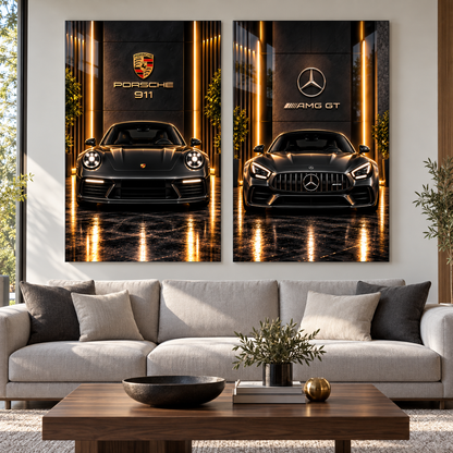 Porsche ve Mercedes ikili cam tablo salon görünümü