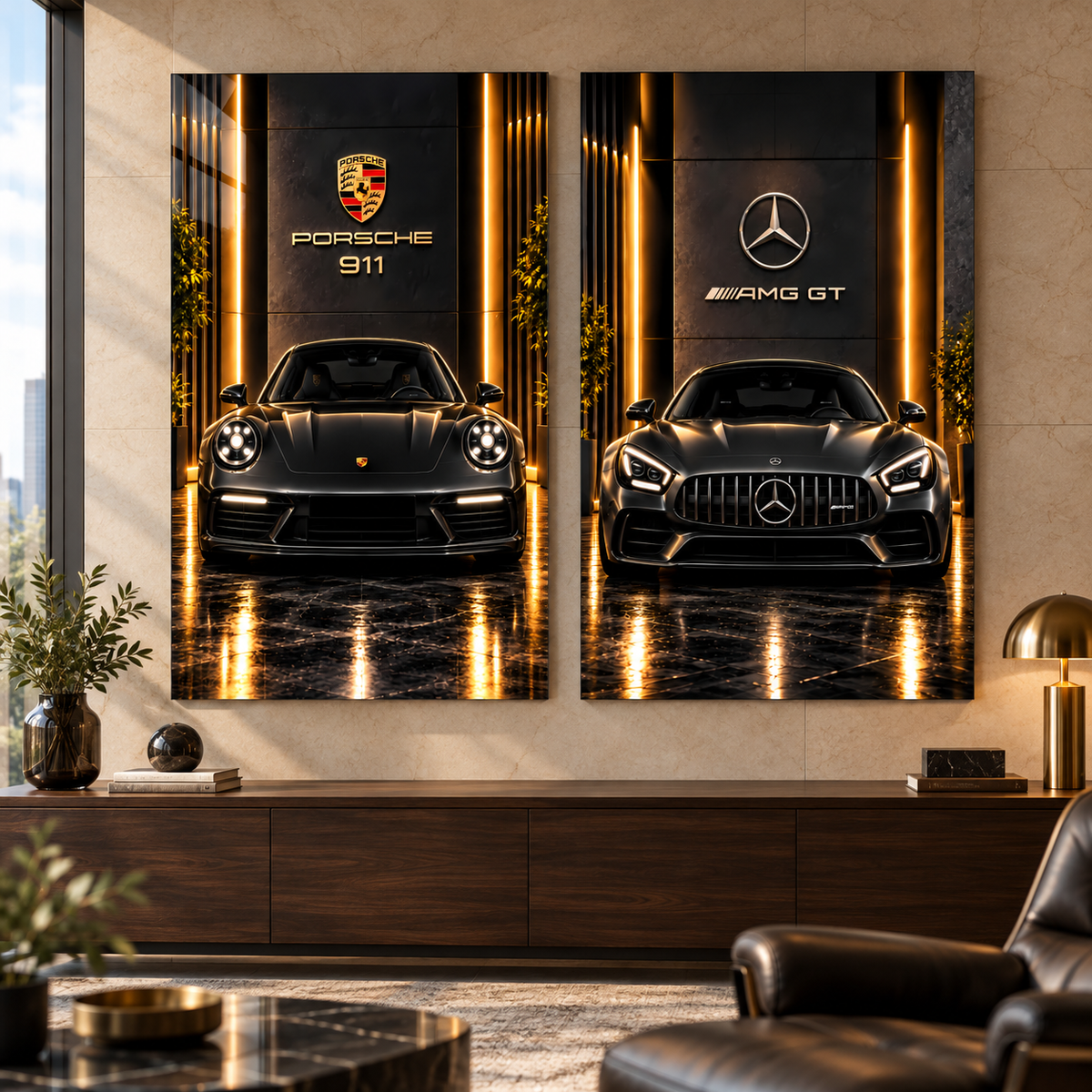 Porsche ve Mercedes ikili cam tablo ofis görünümü