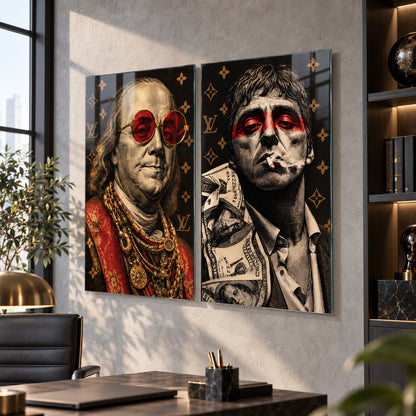 Siyah Gold Kırmızı Detaylı Portreler Dikey 2'li Set Cam Tablo – modern ofiste çerçevesiz ikili cam tablo