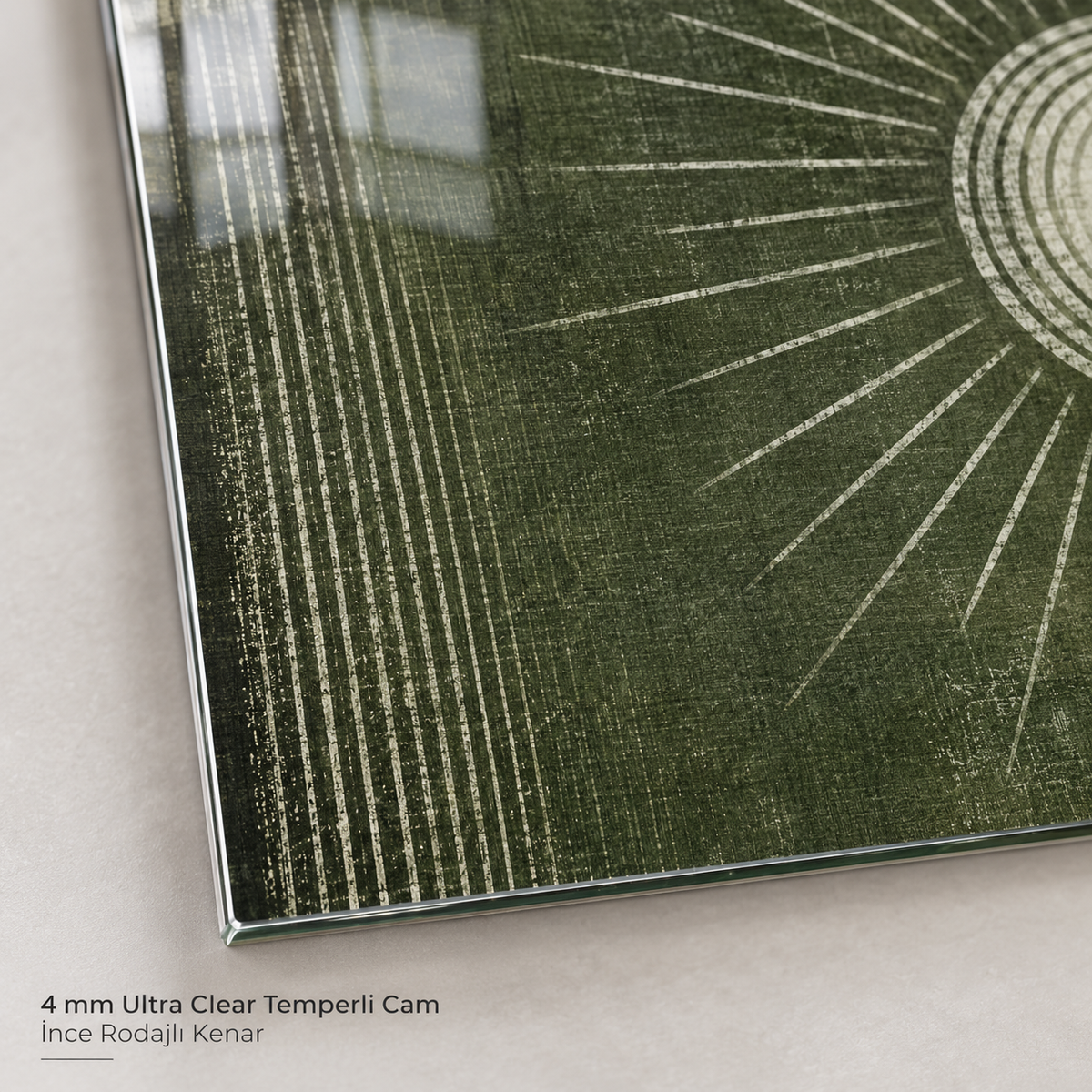 Yeşil Bej Güneş Desenli Dikey İkili Cam Tablo - 4 mm cam kenarı