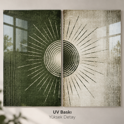 Yeşil Bej Güneş Desenli Dikey İkili Cam Tablo - UV baskı