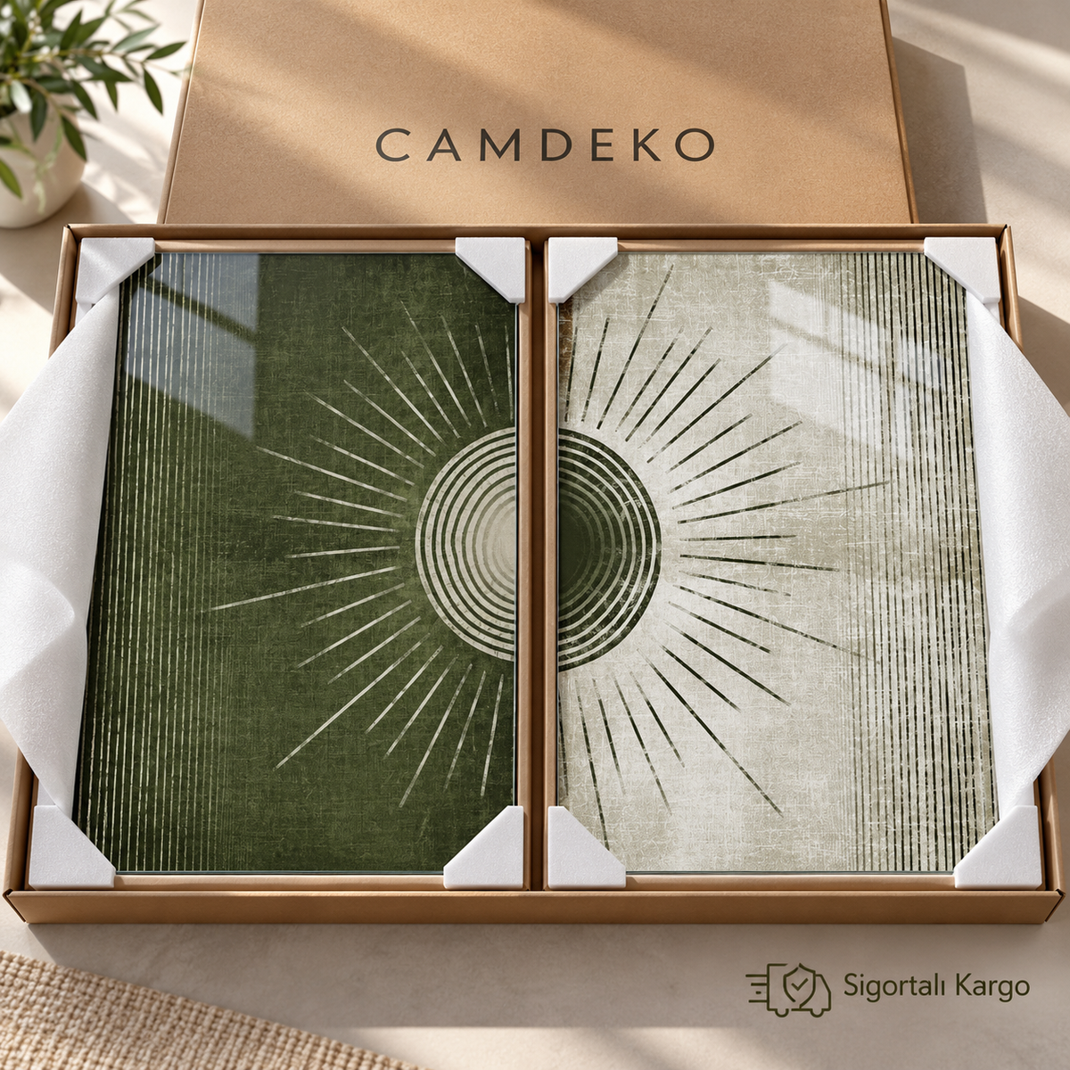 Yeşil Bej Güneş Desenli Dikey İkili Cam Tablo - Güvenli paketleme