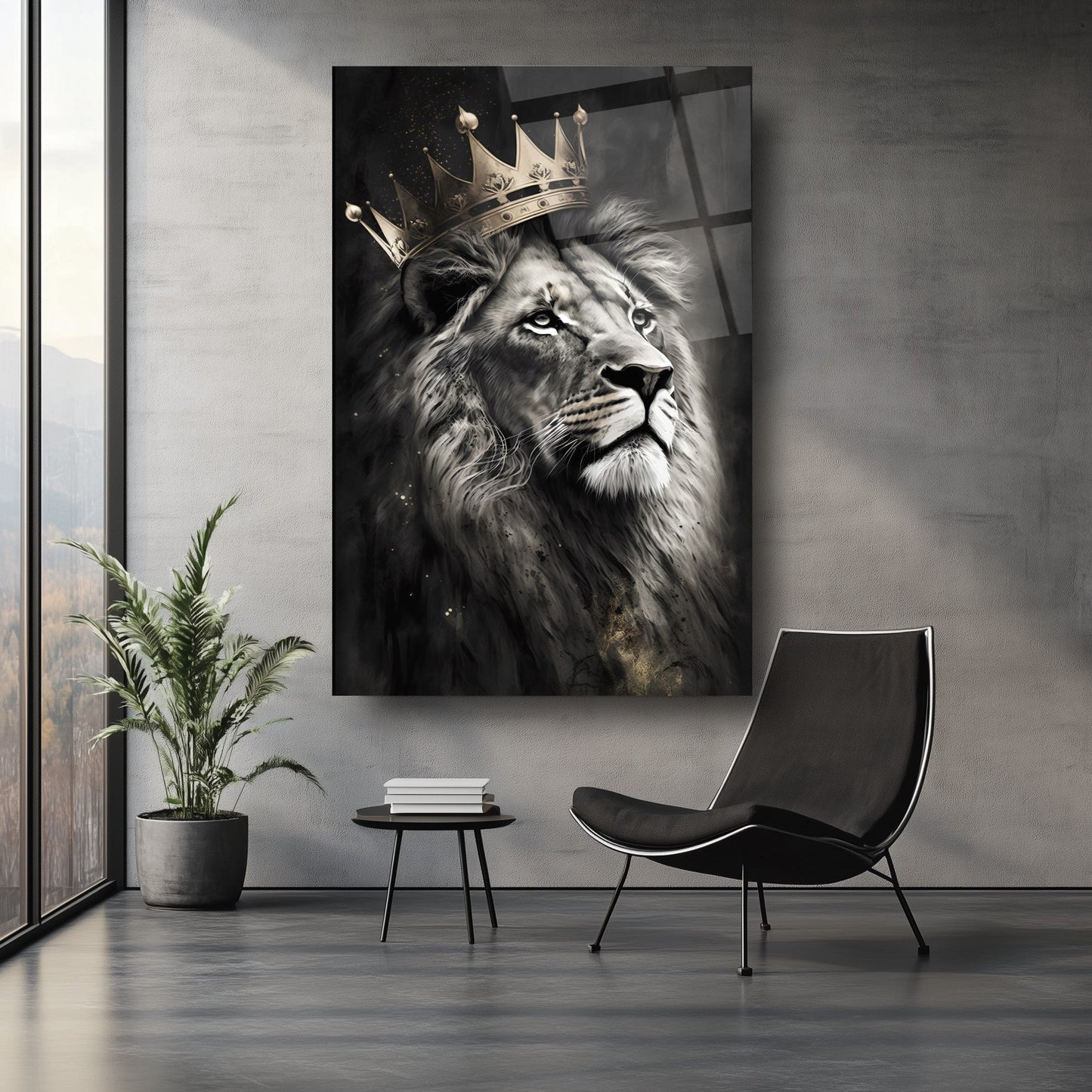 Gold Taçlı Aslan Cam Tablo