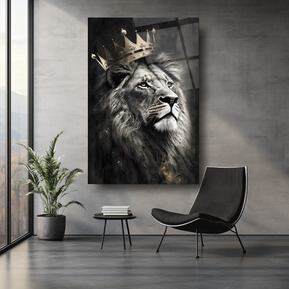 Gold Taçlı Aslan Cam Tablo