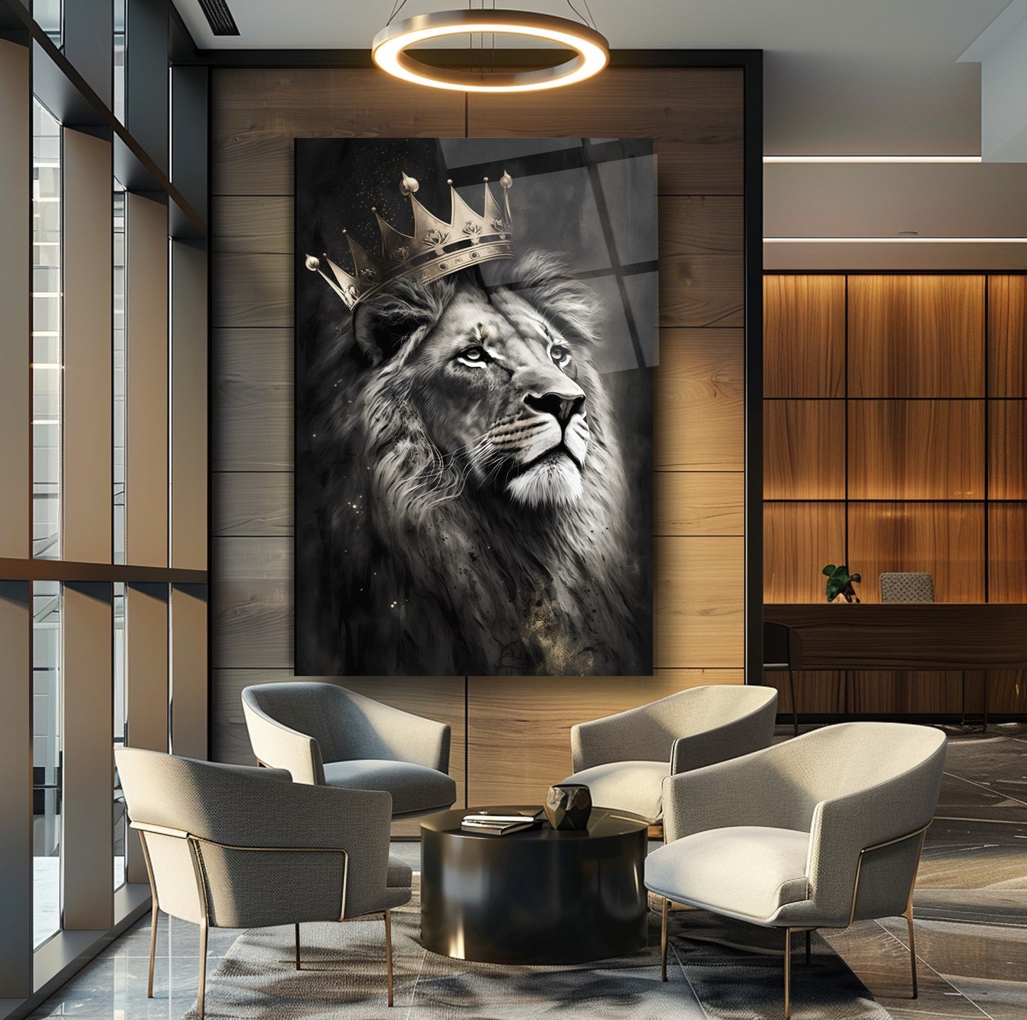 Gold Taçlı Aslan Cam Tablo