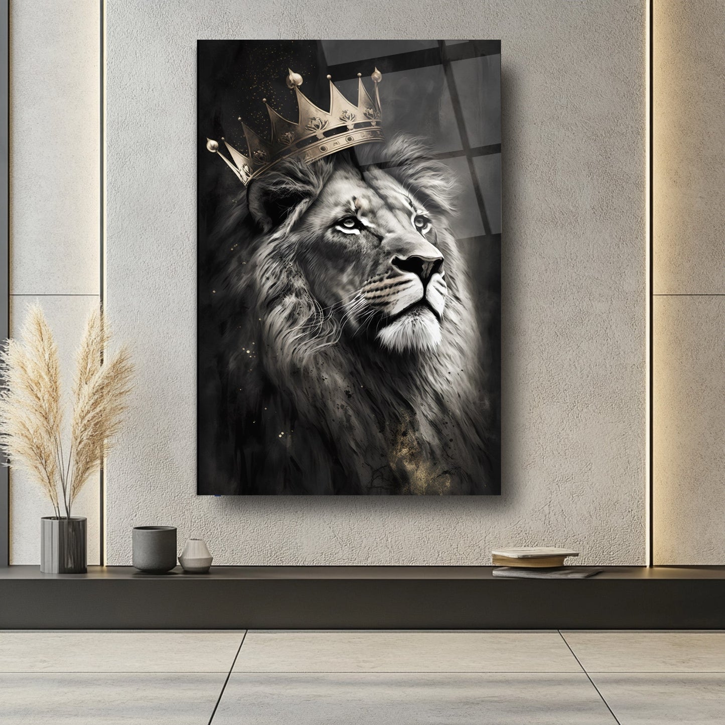 Gold Taçlı Aslan Cam Tablo