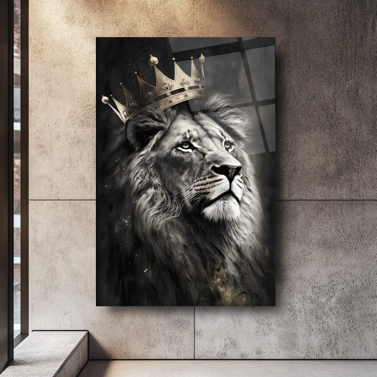 Gold Taçlı Aslan Cam Tablo