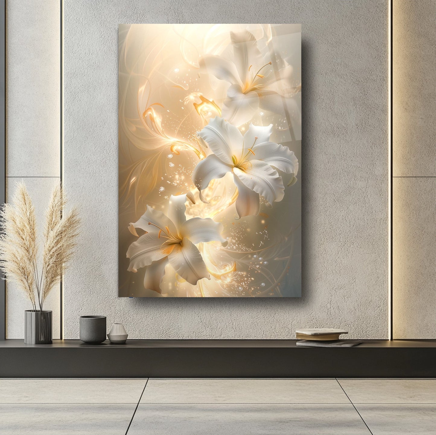 Beyaz Çiçekler Cam Tablo