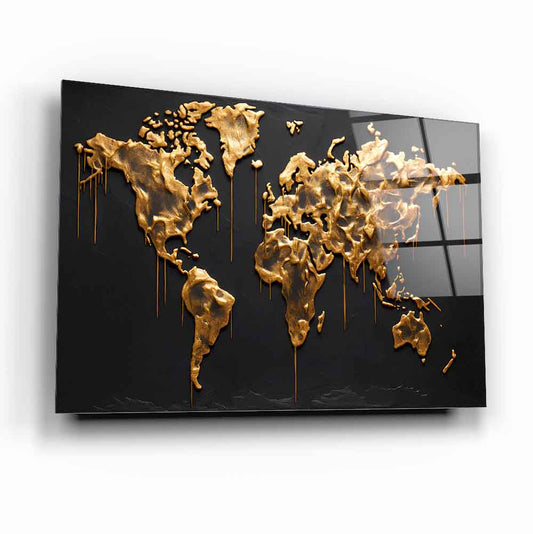 Gold Dünya Haritası Cam Tablo