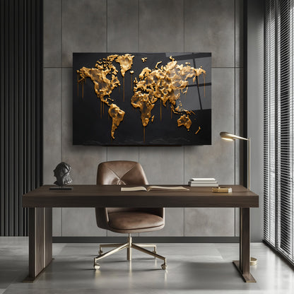 Gold Dünya Haritası Cam Tablo