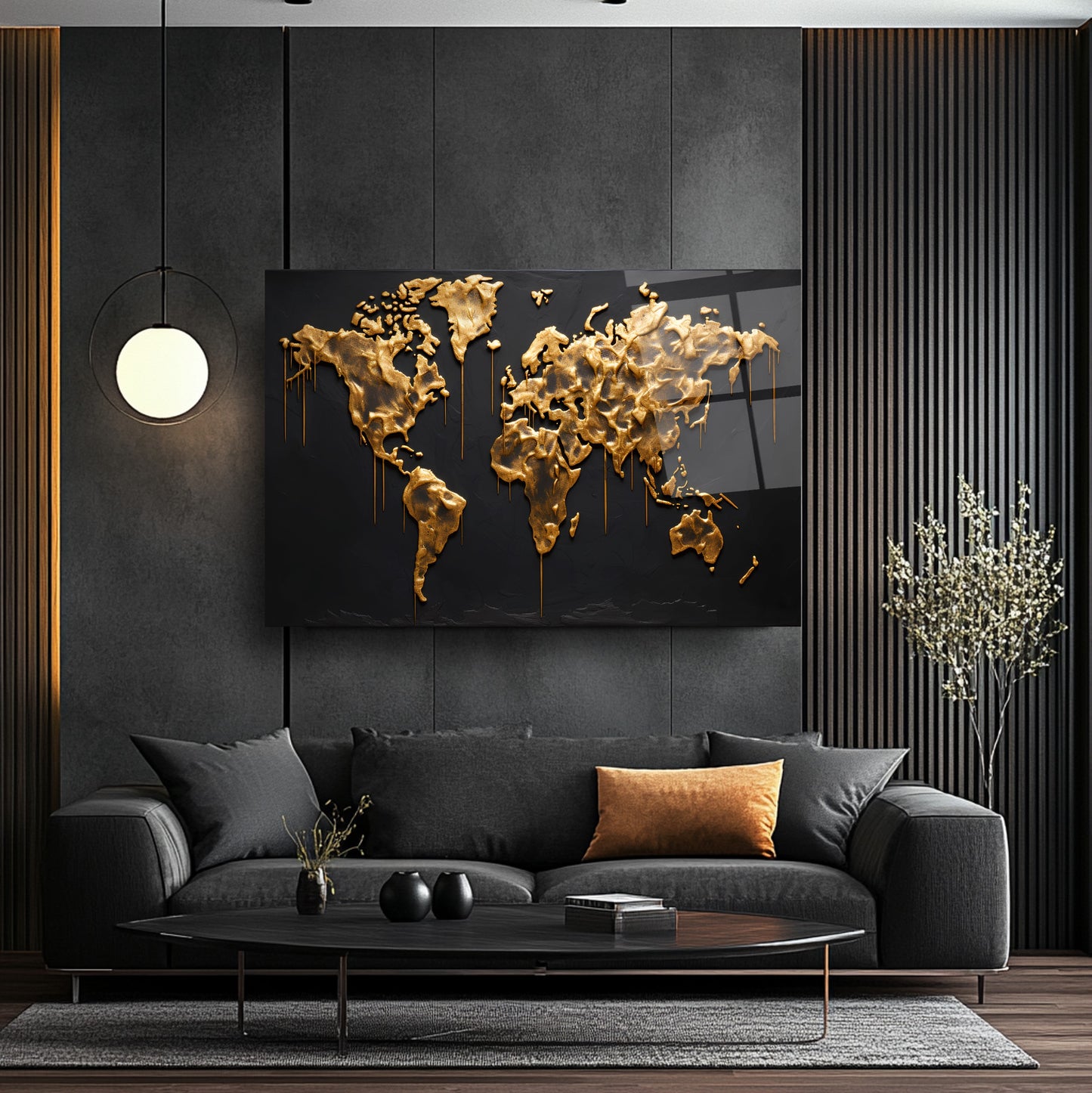 Gold Dünya Haritası Cam Tablo