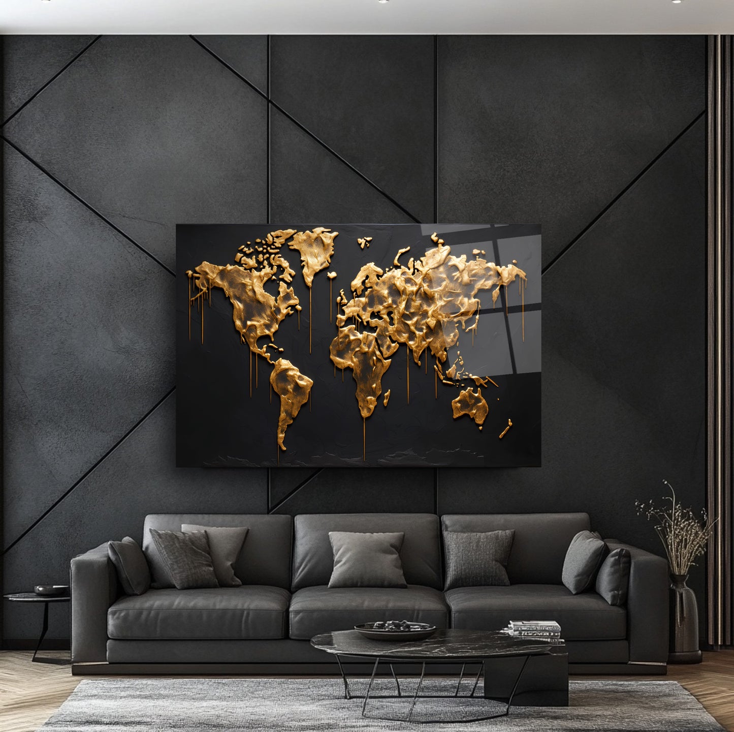 Gold Dünya Haritası Cam Tablo