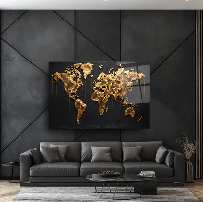 Gold Dünya Haritası Cam Tablo