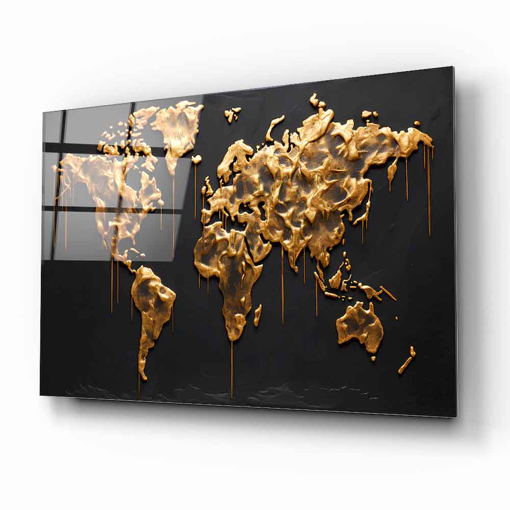 Gold Dünya Haritası Cam Tablo