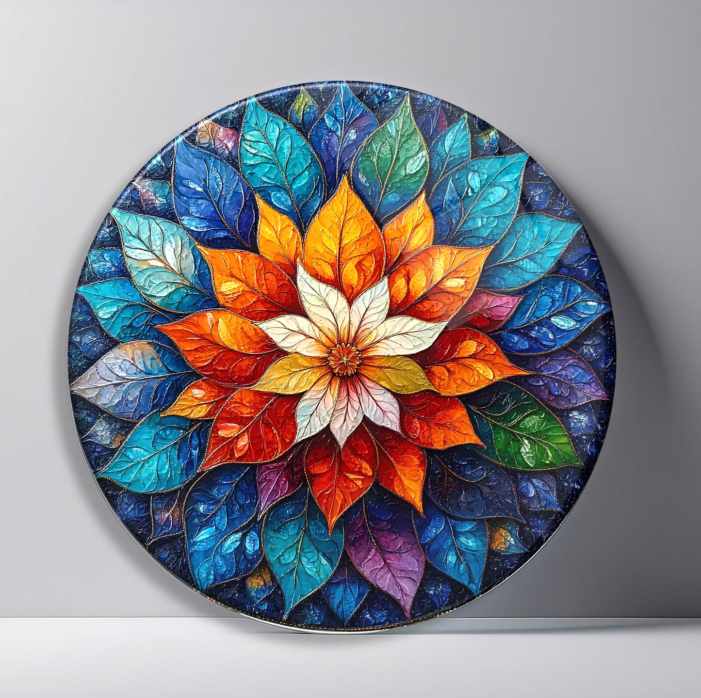 Çiçekli Mandala Yuvarlak Cam Tablo