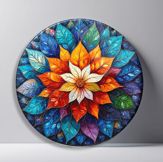 Çiçekli Mandala Yuvarlak Cam Tablo