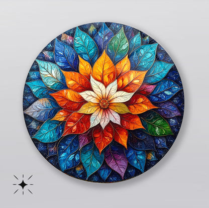 Çiçekli Mandala Yuvarlak Cam Tablo