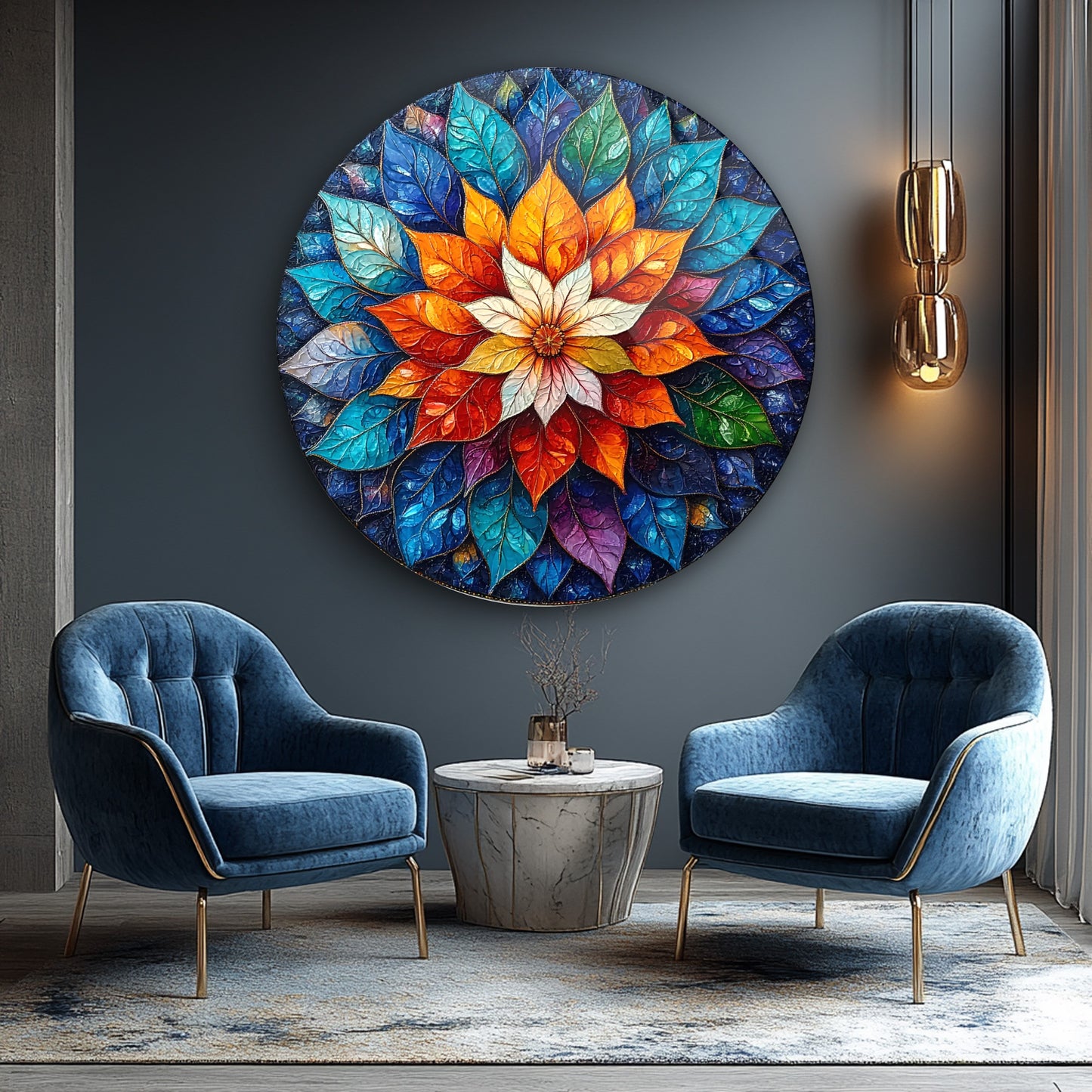 Çiçekli Mandala Yuvarlak Cam Tablo