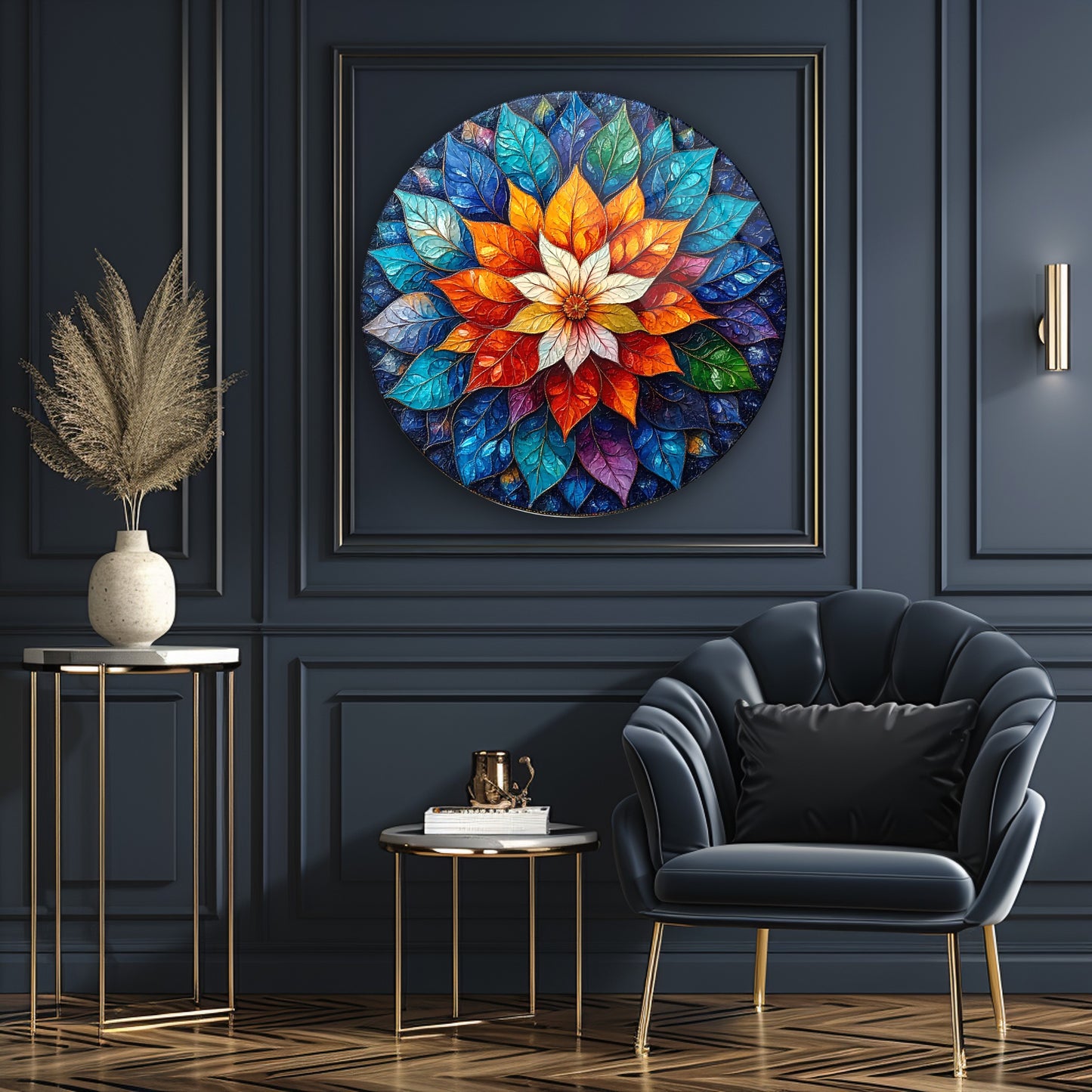 Çiçekli Mandala Yuvarlak Cam Tablo