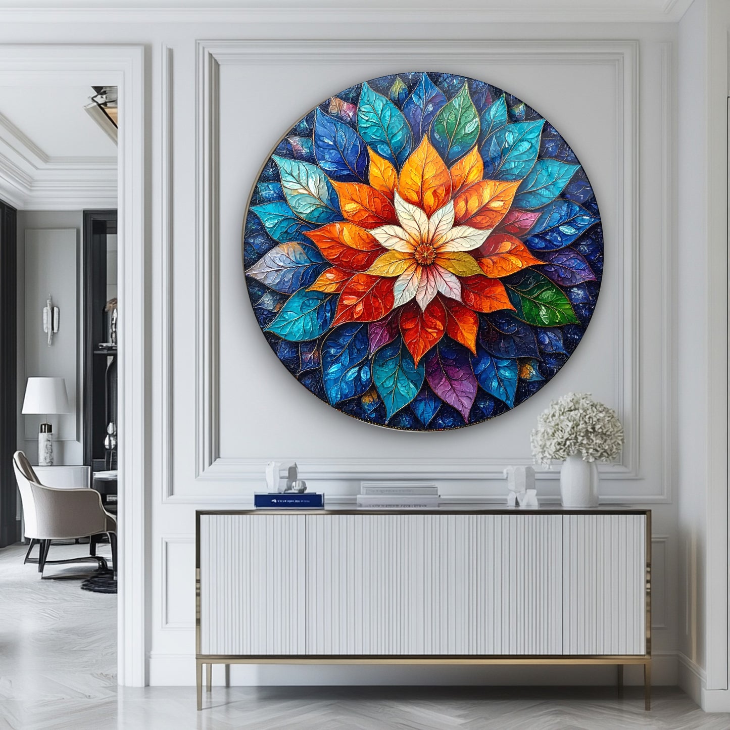 Çiçekli Mandala Yuvarlak Cam Tablo